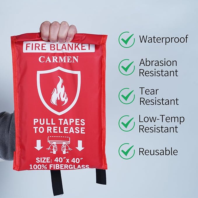 Carmen Emergency Fire Blanket for Home and Kitchen Flame Suppression Fiberglass Fire Blankets for House Camping Car Office Warehouse Emergency Survival Safety (2-Pack)