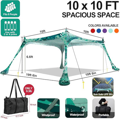 Buheco Beach Tent Pop Up Shade 10x10ft Beach Canopy Sun Shelter UPF50+ with 4 Foldable Poles-Portable Carrying Bag-Sand Shovel-Ground Pegs-Windproof Ropes for Outdoor Family Camping-Fishing- Picnic
