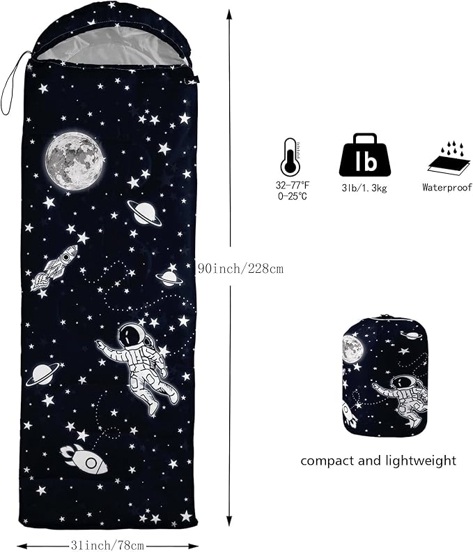 Kids Sleeping Bag for Boys Girls,Rocket Astronaut Moon Print-Lightweight Warm Portable Outdoor Indoor-Waterproof Cold Weather Resistant Sleeping Bag for Camping Hiking