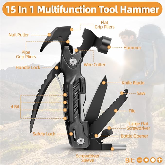 Father's Day Gifts, Hammer Multitool 15 in 1 Birthday Gifts for Men Dad Husband Boyfriend Camping Accessories Survival Gear Multi Tool with Gift Box Cool Gadgets Unique Christmas Gifts Ideas