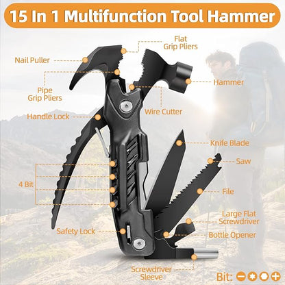 Father's Day Gifts, Hammer Multitool 15 in 1 Birthday Gifts for Men Dad Husband Boyfriend Camping Accessories Survival Gear Multi Tool with Gift Box Cool Gadgets Unique Christmas Gifts Ideas