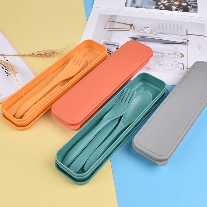 Reusable Travel Utensils Set with Case, 4 Sets Plastic Portable Knife Fork Spoons Tableware for Kids Adults Travel Picnic Camping Utensils