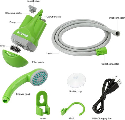Portable Camping Shower, Outdoor Shower Head, Shower Pump, Rechargeable Battery, USB Charging Line, Pumps Water from Bucket, for Hiking, Pet Cleaning and Shower, Car Washing