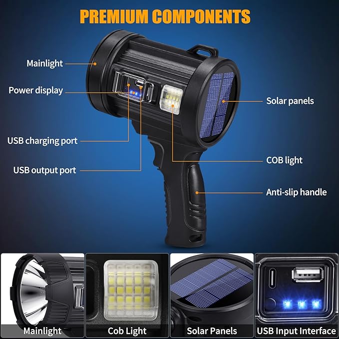Rechargeable Spotlight, 1000000 Lumens Bright LED Spotlight Flashlight, Long Running Spot Light Searchlight, Outdoor Handheld Spotlights with Solar Panels for Hunting,Camping,Boat,6 Spotlight Modes