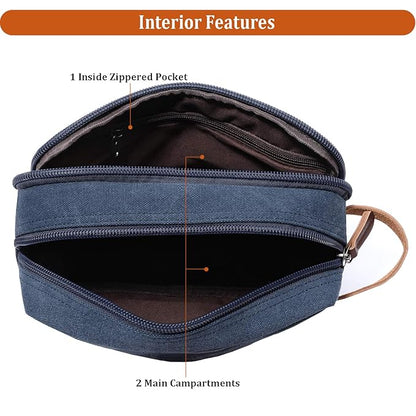 Mactso Mens Travel Toiletry Bag Canvas Leather Cosmetic Makeup Organizer Shaving Dopp Kits with Double Compartments (Blue 1)