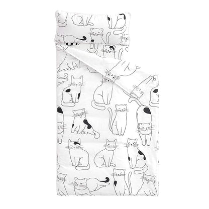 Wake In Cloud - Toddler Nap Mat with Pillow and Blanket, 100% Cotton Fabric, for Kids Boys Girls in Daycare Kindergarten Preschool, Roll Up Sleeping Bag, Black White Cats, Extra Long