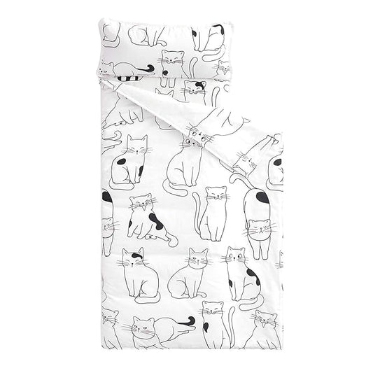 Wake In Cloud - Toddler Nap Mat with Pillow and Blanket, 100% Cotton Fabric, for Kids Boys Girls in Daycare Kindergarten Preschool, Roll Up Sleeping Bag, Black White Cats, Extra Long