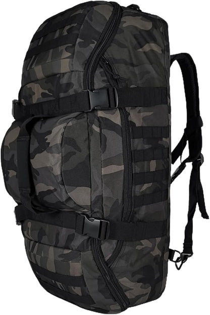 Travel Gym Duffle Bag Tactical, for Men Women Multi-functional Backpack, 3 in 1 Shoulder Bag Backpack Handbag for Sports Hiking Camping, Water Resistant & Easy Clean (Black Camo, 65L)