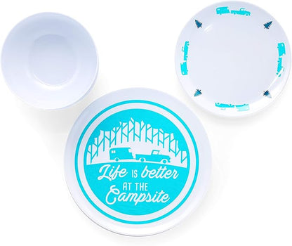Camco Teal Life is Better at The Campsite 12 Piece Dishware Set-Blue Retro Trailer and Logo Design, Includes Plates and Bowls, Perfect for RVing and Camping, Melamine (53296)