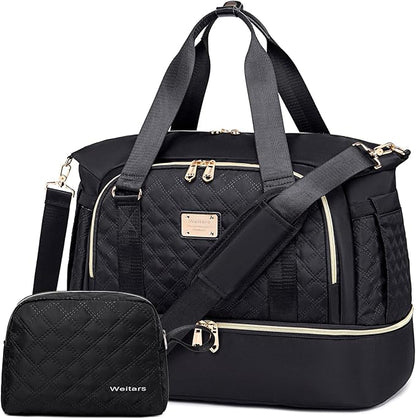 Weitars Women's Gym Duffel Bag - Travel Weekender with Shoes Compartment & Wet Pocket, Large Carry-On Overnight Bag (Black)
