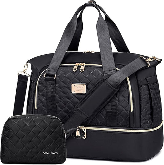 Weitars Women's Gym Duffel Bag - Travel Weekender with Shoes Compartment & Wet Pocket, Large Carry-On Overnight Bag (Black)