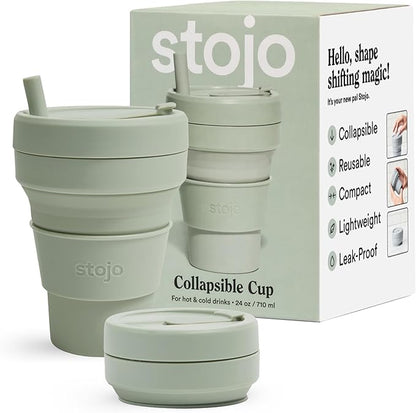 STOJO Titan Collapsible Travel Cup With Straw - Sage Green, 24oz / 710ml - Reusable To-Go Pocket Size Silicone Cup for Hot & Cold Drinks - Camping and Hiking - Microwave & Dishwasher Safe
