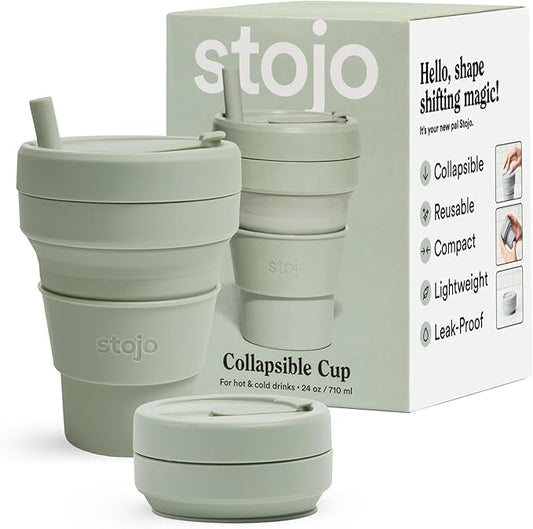 STOJO Titan Collapsible Travel Cup With Straw - Sage Green, 24oz / 710ml - Reusable To-Go Pocket Size Silicone Cup for Hot & Cold Drinks - Camping and Hiking - Microwave & Dishwasher Safe