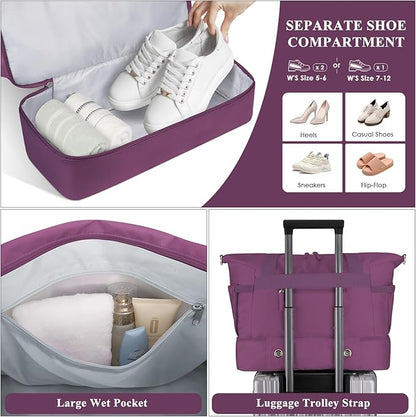 ETRONIK Gym Bag for Women, Travel Duffel Bag with USB Charging Port, Weekender Overnight Bag with Wet Pocket and Shoes Compartment for Women, Travel, Gym, Yoga (Grape Purple)