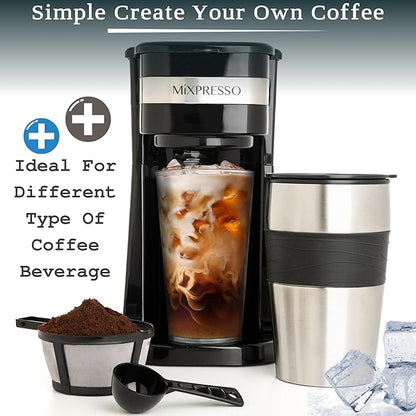 Mixpresso Personal Single Serve Coffee Maker & 14oz Travel Mug, Drip Small Coffee Maker & Tumbler, Auto Shut Off & Reusable Filter, Compatible with Coffee Grounds