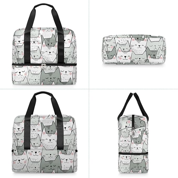 Sports Gym Bag Cute Cartoon Cat Travel Duffel Bag Waterproof Lightweight Swim Bag Travel Tote Luggage Weekender Overnight Handbag Workout Bag with Shoes Compartment for Women Men