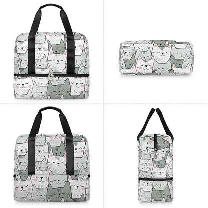 Sports Gym Bag Cute Cartoon Cat Travel Duffel Bag Waterproof Lightweight Swim Bag Travel Tote Luggage Weekender Overnight Handbag Workout Bag with Shoes Compartment for Women Men