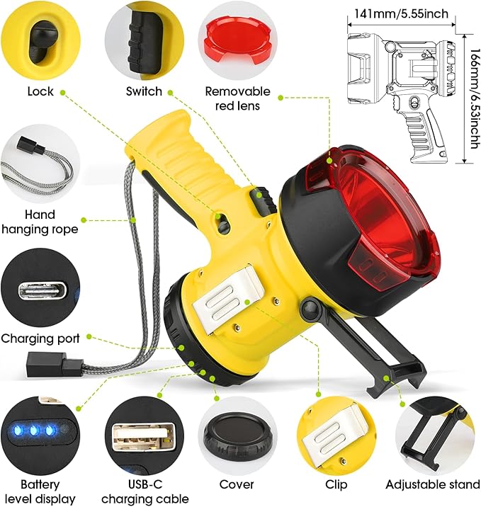 Rechargeable Spotlight Flashlight with 1000,000 Lumen LED, IP65 Waterproof Searchlight Handheld Work Light with Foldable Stand and Red Lens- Yellow