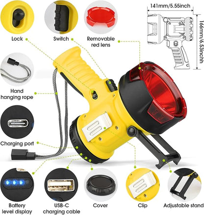 Rechargeable Spotlight Flashlight with 1000,000 Lumen LED, IP65 Waterproof Searchlight Handheld Work Light with Foldable Stand and Red Lens- Yellow
