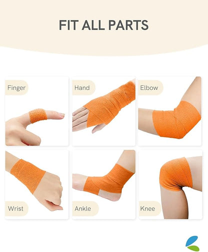FriCARE Self Adhesive Bandage Wrap, Medical Tape in First Aid Kit, Cohesive Bandages for Wounds Sport Vet, FSA/HSA Eligible, 2 Inches X 5 Yards 6 Rolls, Orange