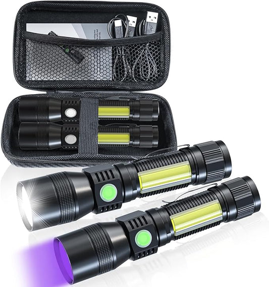 Rechargeable Flashlights, 2 PCS 3 in 1 Super Bright Black Light Flashlights 2000 Lumens, 7 Modes, Zoomable, Waterproof Flash Light Recharchable for Camping, Emergency, Pet Clothing Detection with bag