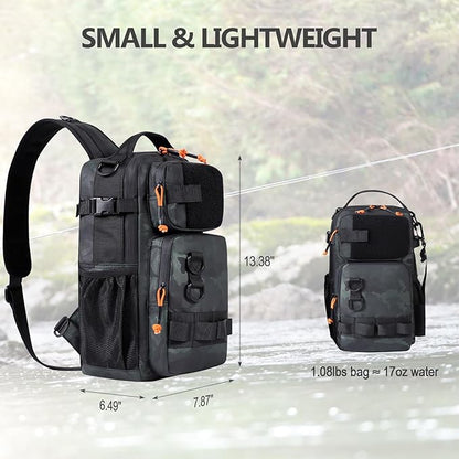 NEW VIEW Fishing Sling Bag, Waterproof Sling Pack with Rod Holder, Versatile Storage Fly Fishing Bags for Men, Small Shoulder Pack for Streams & Rivers