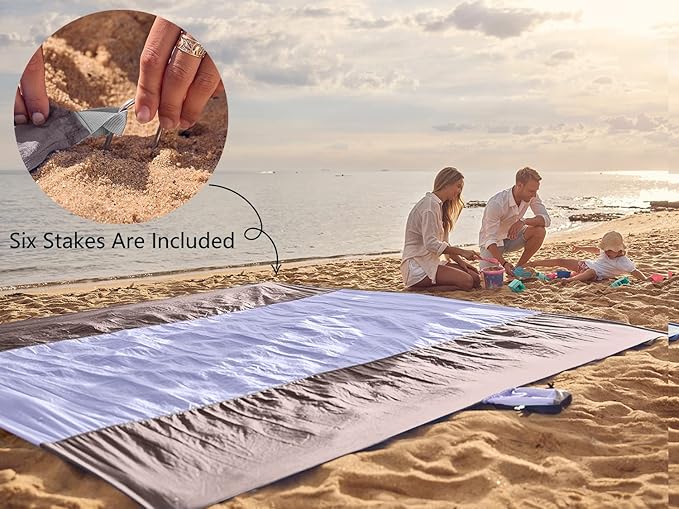 WEKAPO Beach Blanket Sandproof, Extra Large Beach Mat, Big & Compact Sand Free Mat Quick Drying, Lightweight & Durable with 6 Stakes & 4 Corner Pockets