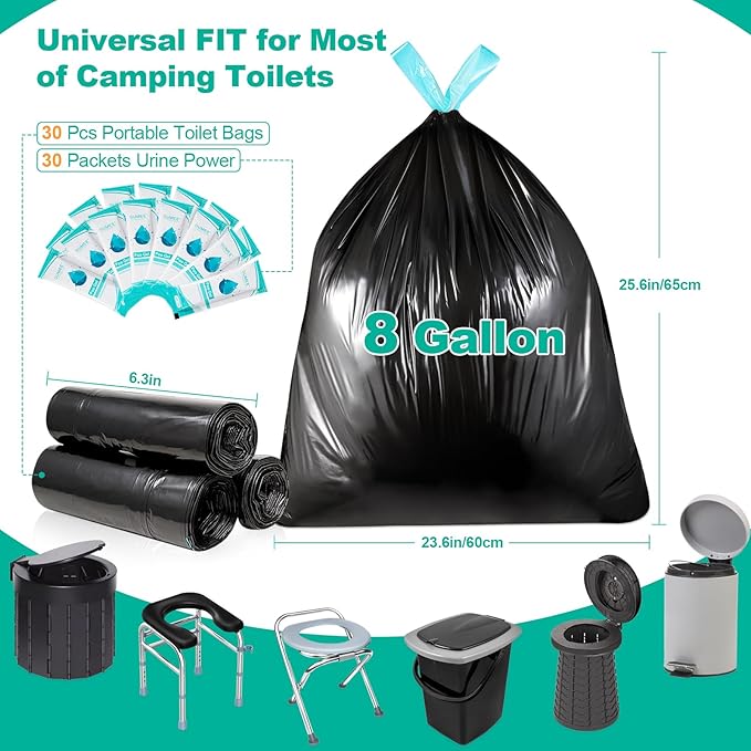 OUMEE 60 Portable Toilet Bags Poo Gel Set, 8 Gallon Camping Toilet Bags with Absorbent Toilet Gel, Toilet Waste Bags, Leak-Proof Trash Bags for Outdoor Camping Toilet, Traveling, RV Trip