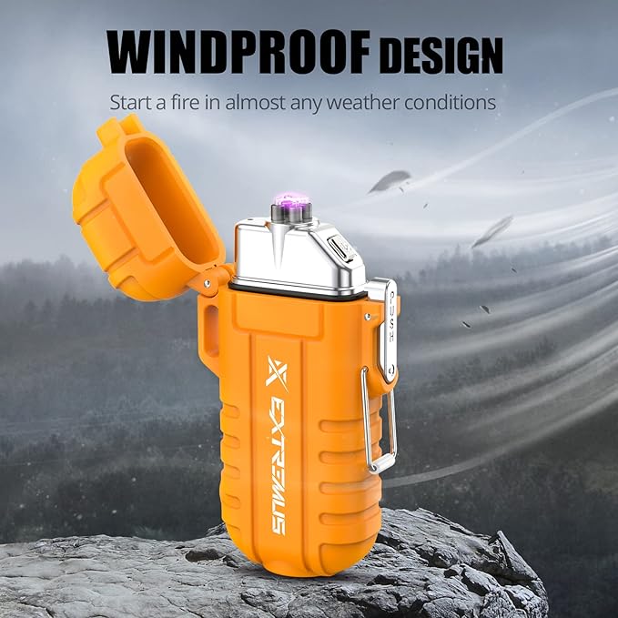 Extremus Blaze 360 Rechargeable Electric Lighters, Dual Arc Lighter, Windproof Plasma Lighter, Waterproof Lighter, Flameless Lighter with Whistle Lanyard for Camping (Orange Flashlight)