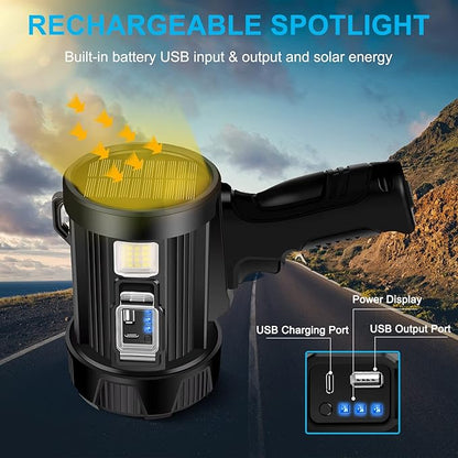 GRC Rechargeable Spotlight, 90000 Lumens Super Bright Handheld Spotlight Flashlight with Solar Panels, Led Spot Lights for Outdoor,Hunting,Camping,Boating