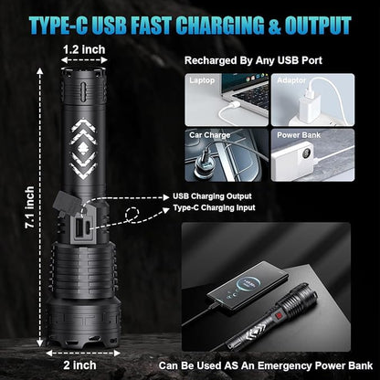 Alifa Rechargeable Flashlights High Lumens, 990000 Lumens Led Tactical Flashlight, 5 Modes Super Bright Flashlight with Zoomable, IPX67 Waterproof, Handheld Flash Light for Camping Emergencies