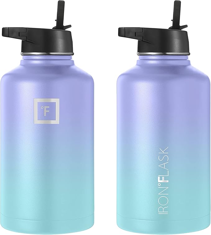 IRON °FLASK Camping & Hiking Hydration Flask, Wide Mouth, 3 Straw Lids, Stainless Steel Outdoor Water Bottle, Double Walled, Insulated Thermos, Metal Canteen - Cotton Candy, 64 Oz