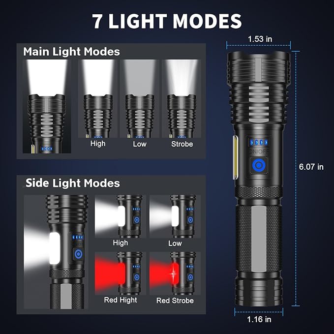 LED Rechargeable Flashlights 990000 High Lumens, Super Bright Flashlight High Power Flash Light with 7 Modes, 15H Running Time, IPX7 Waterproof Handheld Flashlight for Home Camping