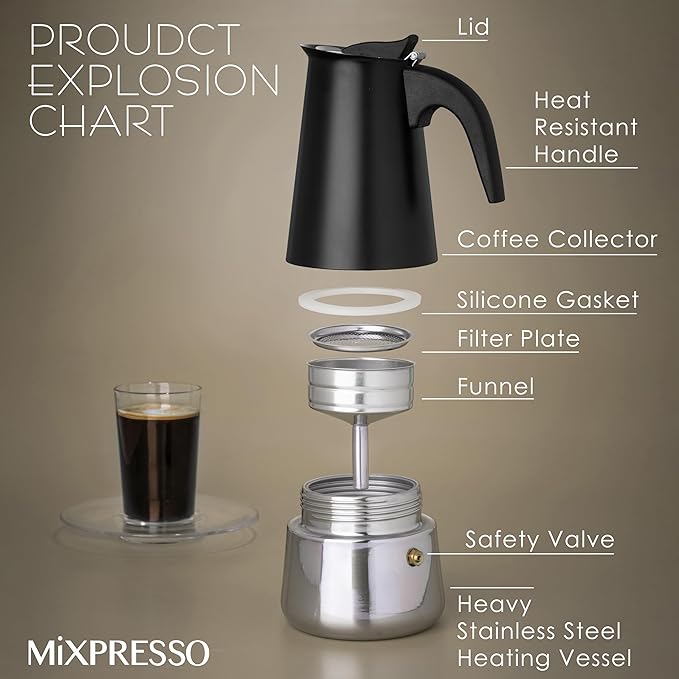 Mixpresso 6 Cup Greca Stovetop Espresso Maker 10oz, Moka Pot with Coffee Percolator Design, Stainless Steel Stove Top Coffee Maker for Camping or Home, Italian Coffee Maker Stovetop, Black Coffee Pot