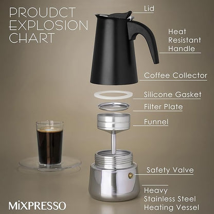 Mixpresso 6 Cup Greca Stovetop Espresso Maker 10oz, Moka Pot with Coffee Percolator Design, Stainless Steel Stove Top Coffee Maker for Camping or Home, Italian Coffee Maker Stovetop, Black Coffee Pot
