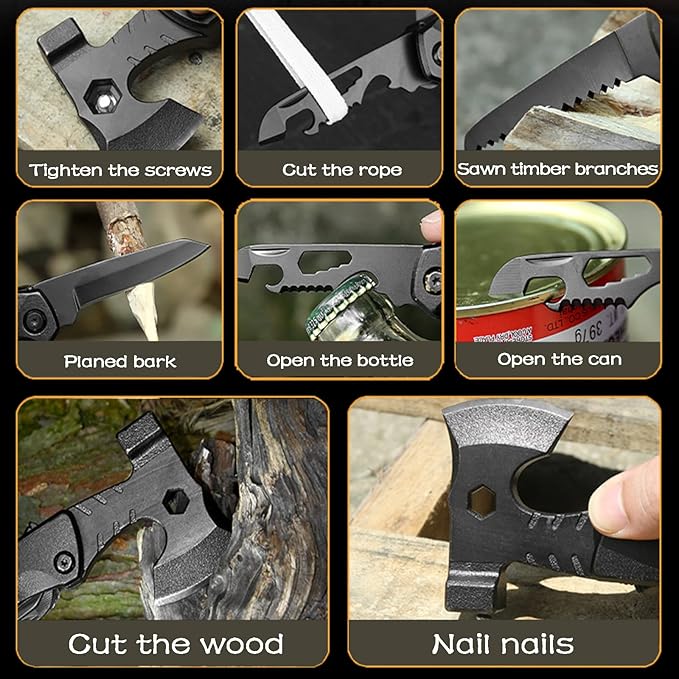 Cool Christmas Unique Gifts, Camping Survival Gear Multitool, Stocking Stuffers Camping Accessories Multitool Pocket Hatchet, for Dad Husband, Camping Tool with Mini Axe,Hammer, Knife, Nail File