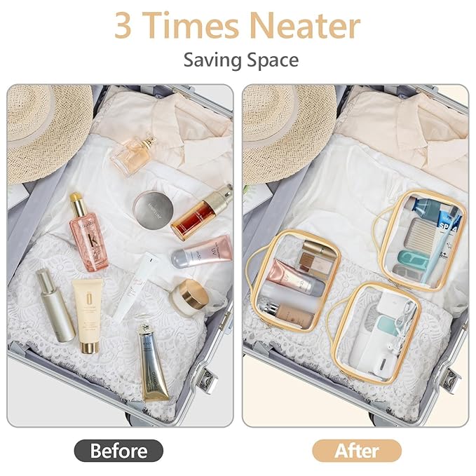 PACKISM Floral Texture Lace TSA Approved Toiletry Bag - 180° Large Opening Clear Makeup Bags for Traveling, in 2 Size TSA Liquid Bag with Handle, 0.5 mm Thick Non-deformable No Smell, Beige