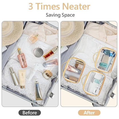 PACKISM Floral Texture Lace TSA Approved Toiletry Bag - 180° Large Opening Clear Makeup Bags for Traveling, in 2 Size TSA Liquid Bag with Handle, 0.5 mm Thick Non-deformable No Smell, Beige