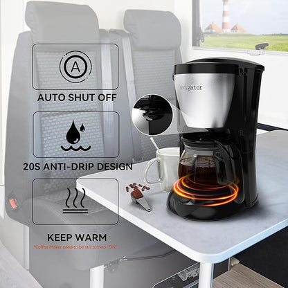 Portable Coffee Maker for Travel Camping Car, Ground Coffee Machine Single Serve with 5 Cup Glass Carafe for Traveling, RV, Office, Home and Dorm, 12V, Sliver Black