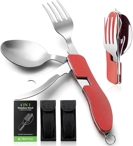 Camping Utensils 2 Pack,HIKENTURE 4-in-1 Stainless Steel Spoon, Fork, Knife, and Bottle Opener Combo - Lightweight and Portable Travel Eating Silverware for Hiking, Backpacking, and Picnic (Red 2pack)