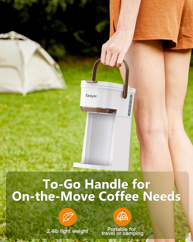 Single Serve One Cup Coffee Maker, for K Cups and Grounds, Mini Coffee Maker with Portable Handle, 6 to 12 Oz Brew Size, for Travel, Camping, Office, RV and Dorm, White and Brown
