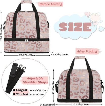 Leopard Print Foldable Travel Duffel Bag, Expandable Sports Gym Bag with Shoes Compartment Weekender Overnight Totes Bags for Women Men