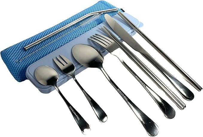 11 Pcs Reusable Utensil Set with Case - Stainless Steel EDC Cutlery Set for Travel, Camping, Picnic & Outdoor Activities – Perfect Lunch Box Accessories & Mess Kit for Kids & Adults (Blue)