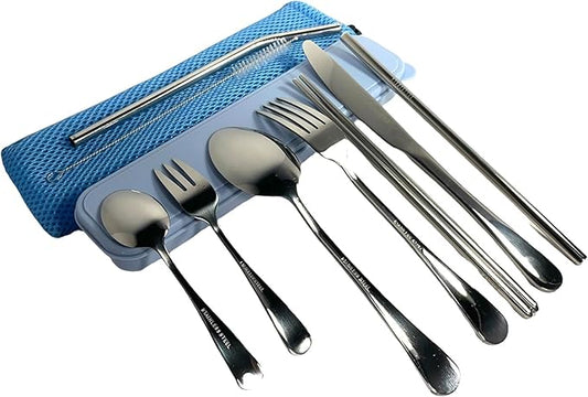11 Pcs Reusable Utensil Set with Case - Stainless Steel EDC Cutlery Set for Travel, Camping, Picnic & Outdoor Activities – Perfect Lunch Box Accessories & Mess Kit for Kids & Adults (Blue)