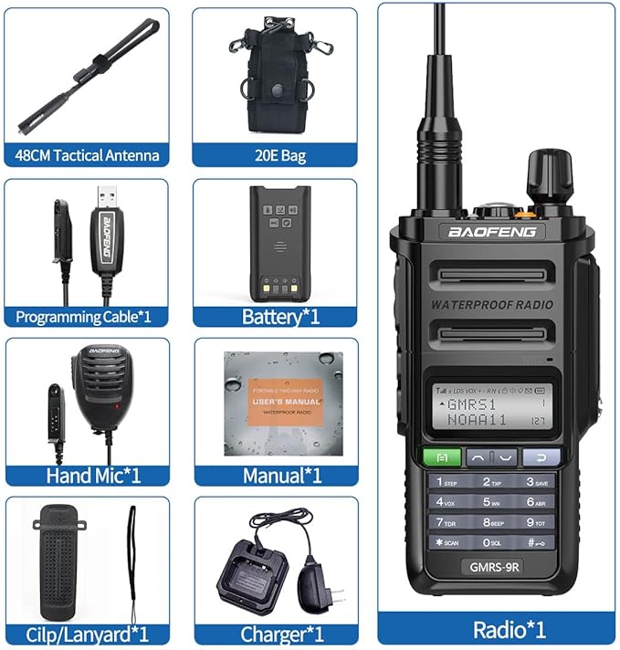 Baofeng GMRS-9R GMRS Radio Waterproof IP67 Two Way Radios Rechargeable Walkie Talkies Long Range NOAA Weather Alerts Scan With extra Battery,Programming Cable,Tactical Antenna,Speaker Mic,Tactical Bag