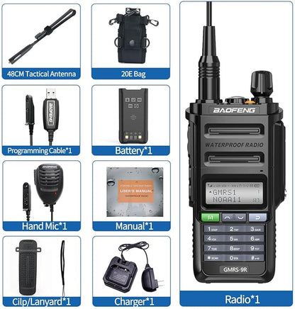 Baofeng GMRS-9R GMRS Radio Waterproof IP67 Two Way Radios Rechargeable Walkie Talkies Long Range NOAA Weather Alerts Scan With extra Battery,Programming Cable,Tactical Antenna,Speaker Mic,Tactical Bag
