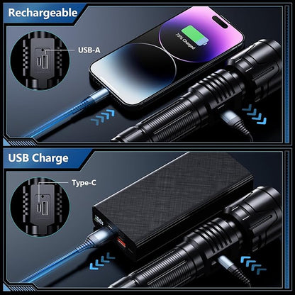 Rechargeable Flashlights High Lumens - 900000LM Super Bright Flashlight - LED Flashlight with LCD Display, Zoomable, Waterproof, Handheld Flashlights for Emergencies, Camping - 2 Pack, Medium