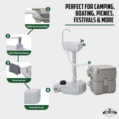 Hike Crew Portable Camping Sink & Toilet | Large Hand Washing Station with 4.5 Gal Capacity, Hands-Free Foot Pump, Faucet, Soap Dispenser & Towel Rack | Includes Travel Toilet with 5 Gal Waste Tank