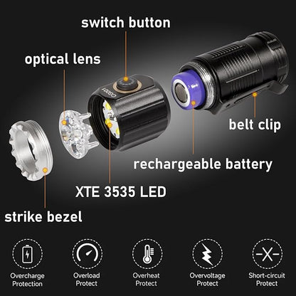 Small LED Rechargeable Flashlight, 1800 Lumens High Lumens Super Bright Mini EDC Flash Light for Camping Hiking Working and Home Use, Battery Included