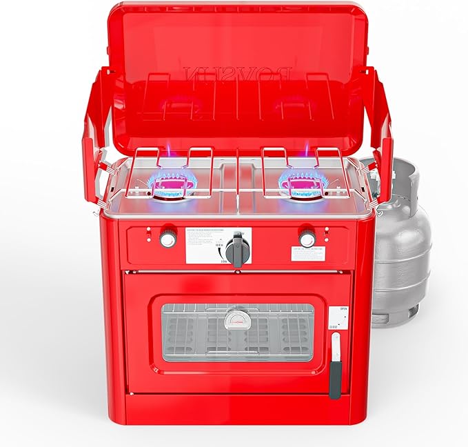 ROVSUN 2-in-1 Portable Camping Stove & Propane Oven with Piezo Igniter, 2 Burner Stove & Outdoor Oven with Adjustable Fire, Thermometer, Wind Panel & Regulator for Traveling, Tailgating (Red)